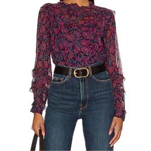 CLEOBELLA FIORELLA BLOUSE Bordeaux Floral XS Women’s Ruffle Chiffon High Neck